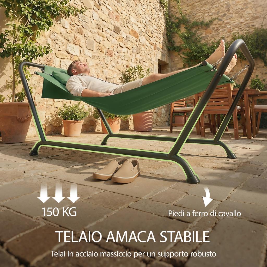 Garden Hammock with Stand, Side Pocket and Headrest, In Metal and Polyester, 237x90x92 Cm, Dark Green