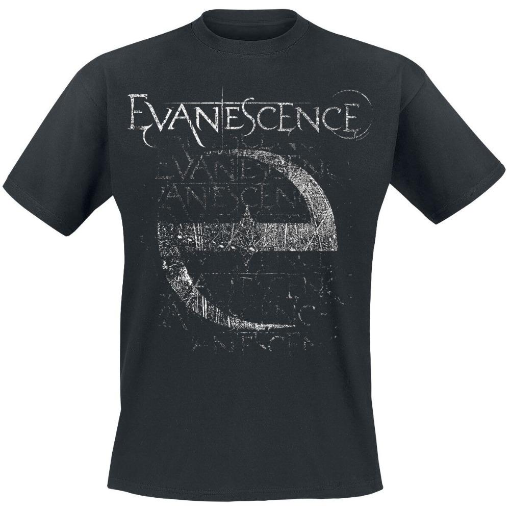 Evanescence Grunge Logo Tee, Gothic Rock T-Shirt with Faded Crescent & Repeated Text Print, Band Fan Merch S