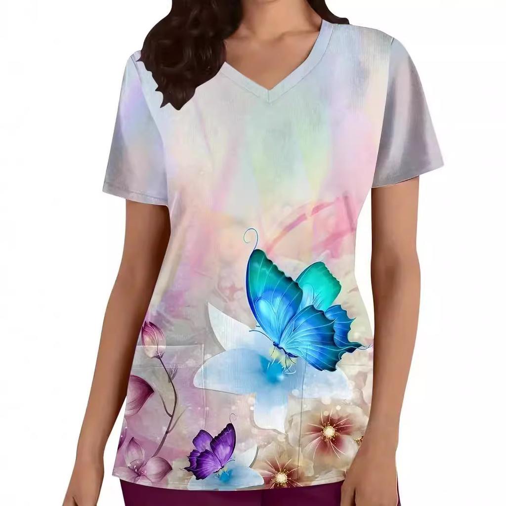 Romantic Pink Butterfly 3D Digital Print Women's Pocket V-neck Pullover Short Sleeved T-shirt Hospital Protective Apparel