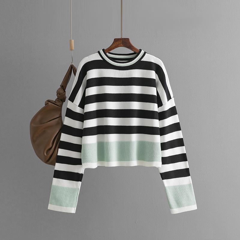 2024 Autumn/Winter Plus Size Women's Striped Knit Sweater - Long Sleeve Round Neck Top