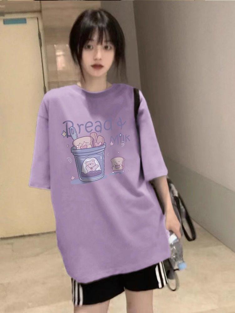 Japanese Cute Plus Size Purple Printed Cotton T-Shirt for Women - Loose, Short Sleeve, Summer Style
