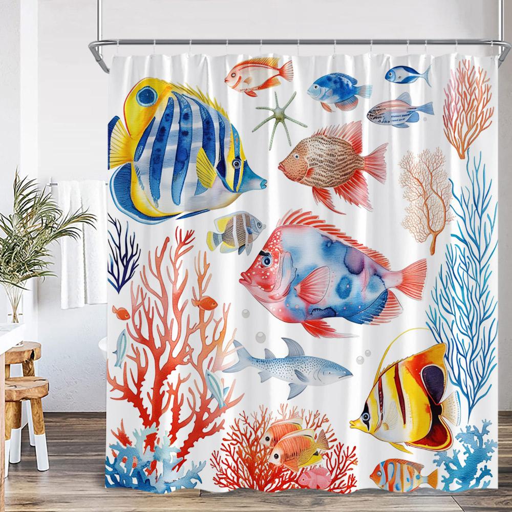 Undersea Cartoon Shower Curtain Sea Turtle Coral Seaweed Tropical Fish Ocean Bathroom Decor Polyester Fabric Bathtub Curtain