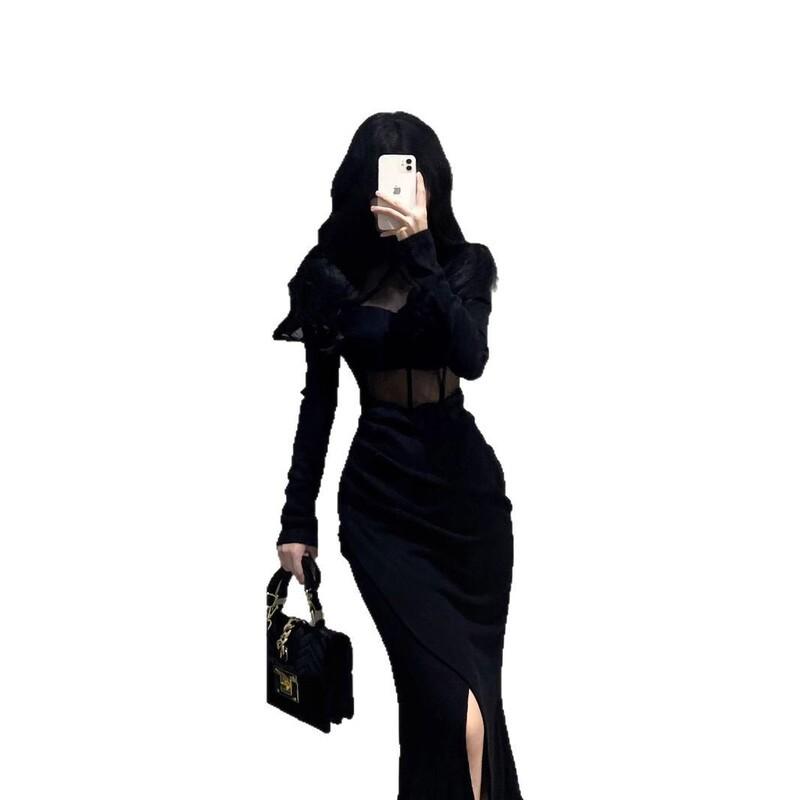 Elegant Sheer Mesh Bodycon Dress Women 2025 Long Sleeve Round Neck Short Skirt Sexy Chic Office To Night Out