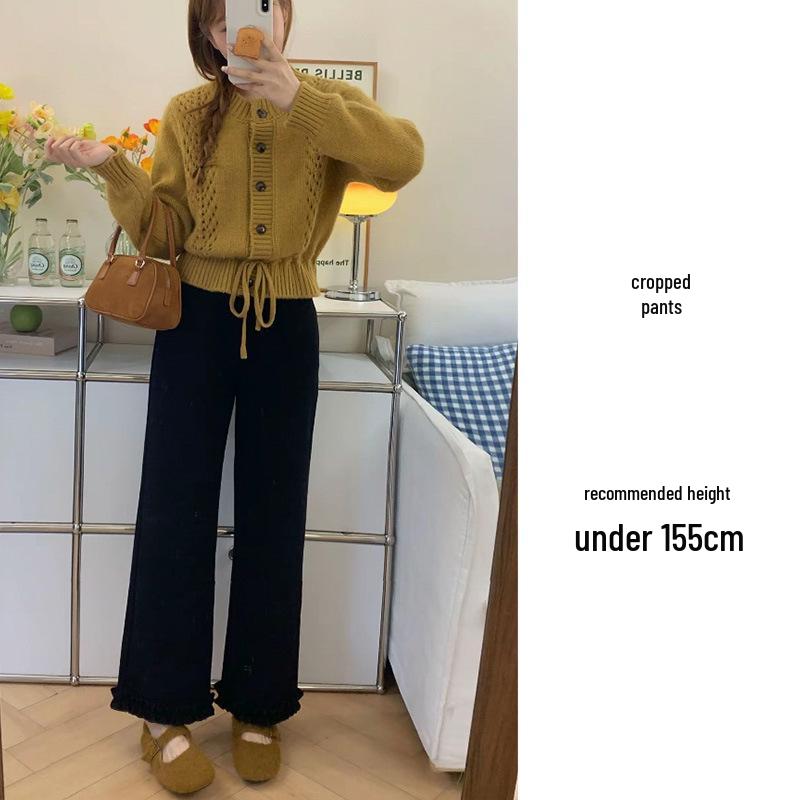 

Girls Plus Velvet Black Casual Ruffled Wide-Leg Pants - Autumn/Winter Korean Style, Slim Fit, Nine-Tenths Length S
