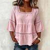 Women Square Neck Lace Trim Bell Sleeve Top Casual Tiered Smocked Solid Color Blouse