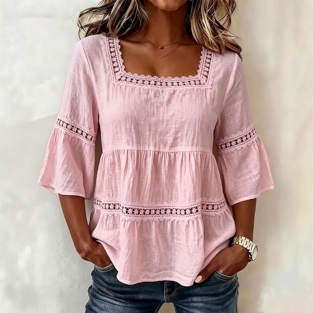 Women Square Neck Lace Trim Bell Sleeve Top Casual Tiered Smocked Solid Color Blouse