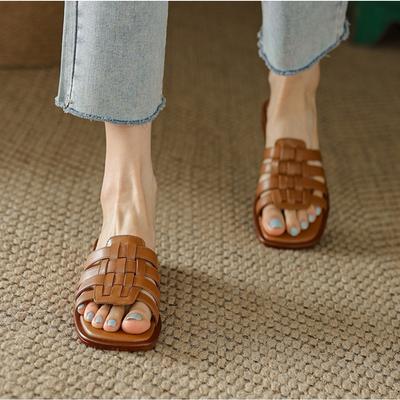 French Retro Sandals for Women Summer Flat Bottomed Soft Leather Anti Slip One Line Slippers Woven Soft Soled Women's Sandals