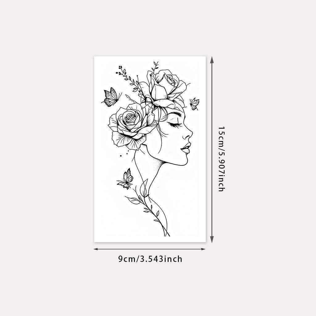 Rose Muse Side Face Tattoo Sticker, Waterproof And Long-Lasting, Thin Line Plant Butterfly, Girl Calf Tattoo