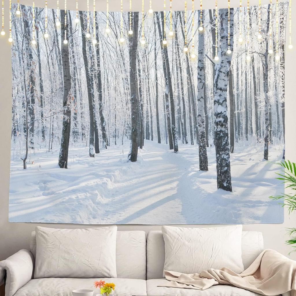 White Snow Wall Tapestry, Grey Wall Hanging Large Tapestry Decoration Polyester Fiber White Hem Around for Dorm Room Bedroom