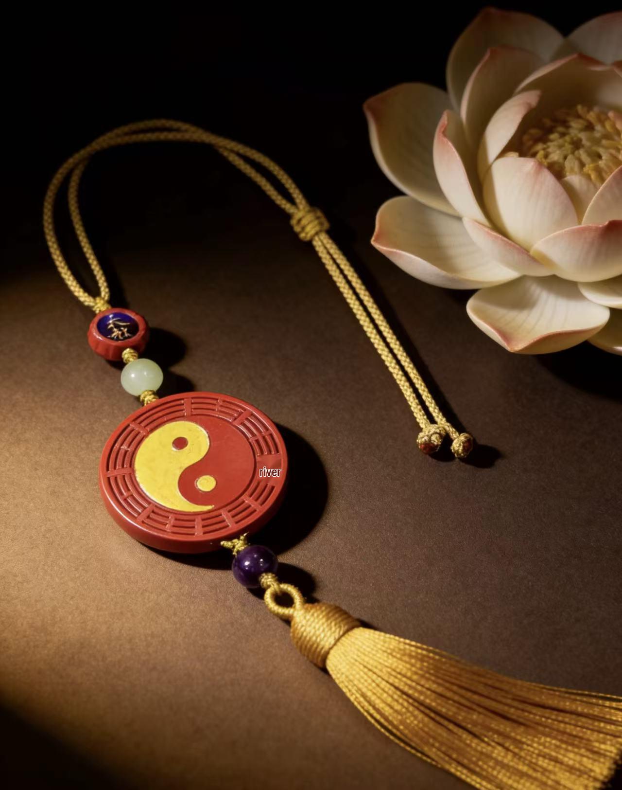 Vermilion Red Sand Color Bagua Pendant - Unisex Handmade Design. Authentic High Content Vermilion Sand