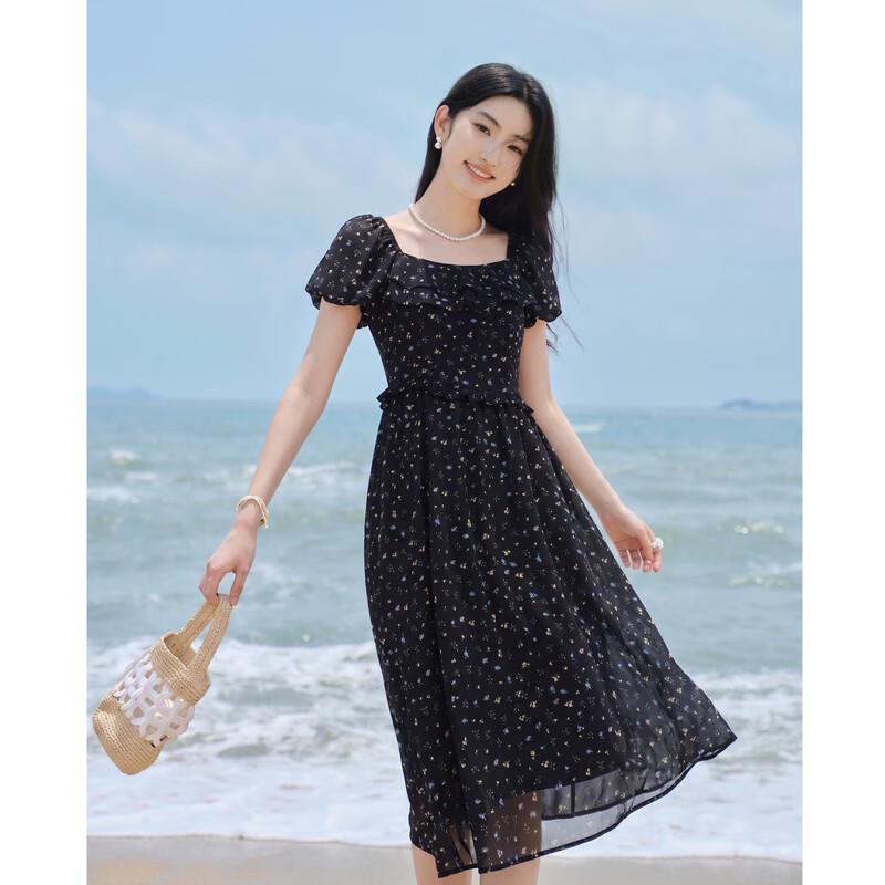 Qiu Shui Yi Ren Square Neck Puff Sleeve Ruffle Hem Dress S чёрный