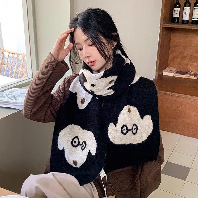 New Winter Scarf for Women with Dog Pattern  Cute College Style Wool  Korean Style Atmosphere  Couple Travel Scarf for Men