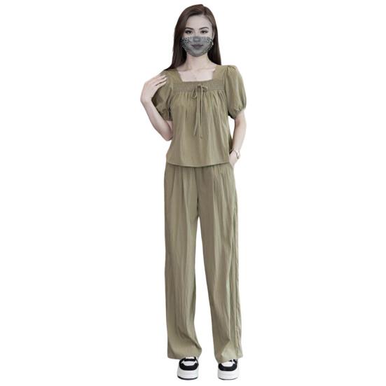 

Женский комплект из 2 шт./компл., однотонный плиссированный топ с короткими рукавами и квадратным бантом, брюки с широким воротником L зелёный