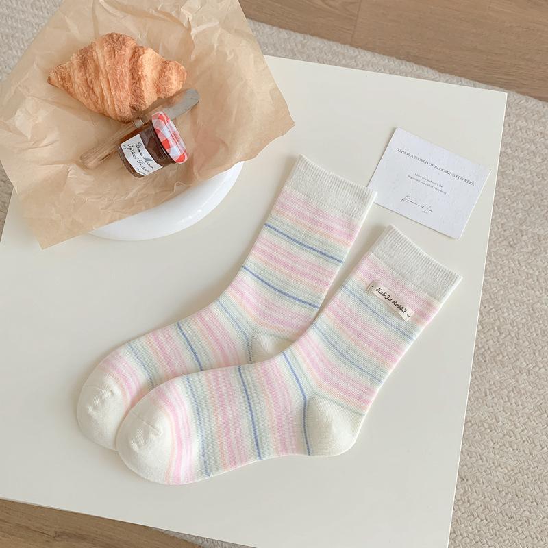 

5pair Striped Socks Children S Cloth Label Tide Socks Spring And Summer Mid-Tube Sports Socks Japanese College Wind Stacking Socks Women one size