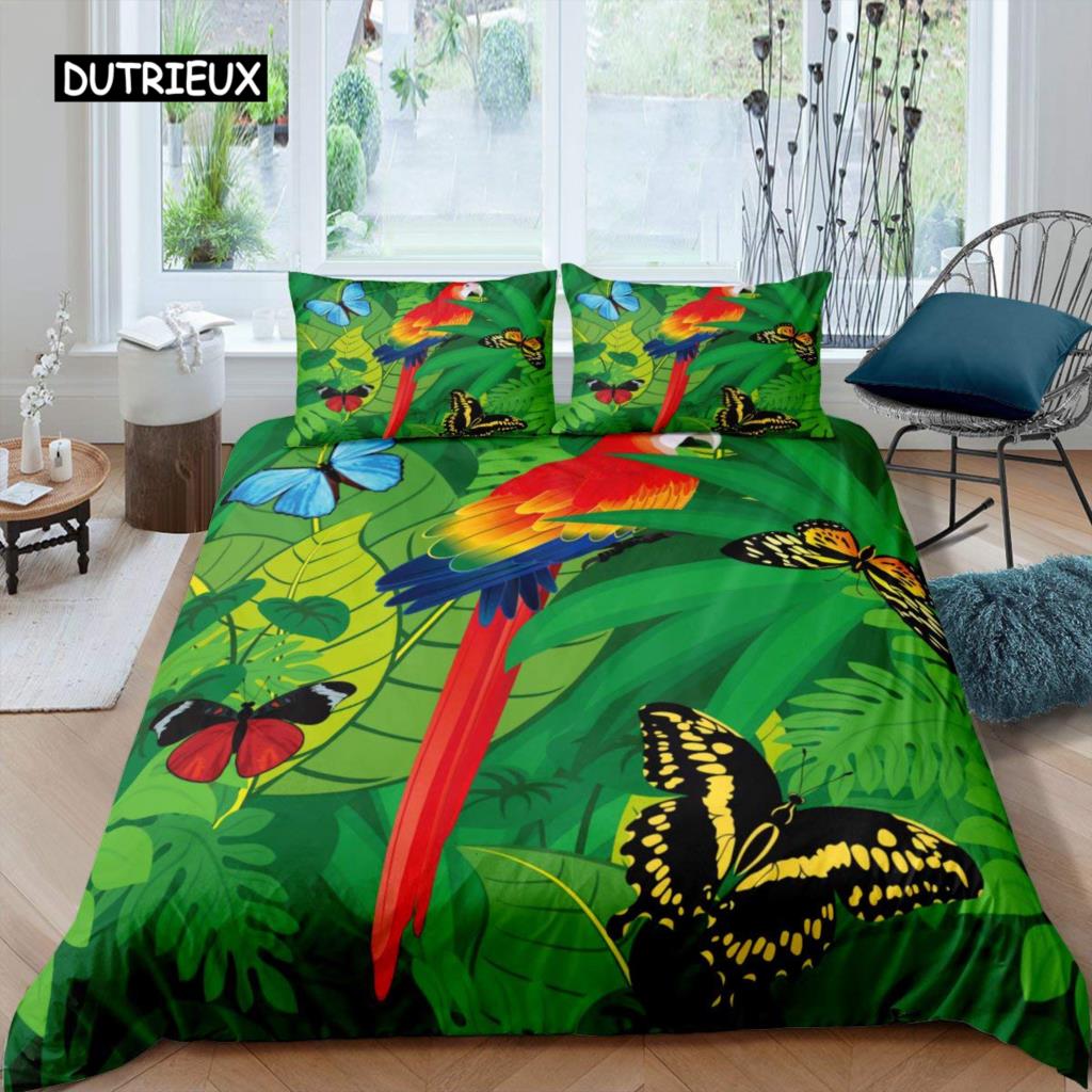 Parrot Duvet Cover Set Black White Stripe Bedding Set Green Plant Palm Leaves Quilt Cover Bird Animal Polyester Comforter Cover