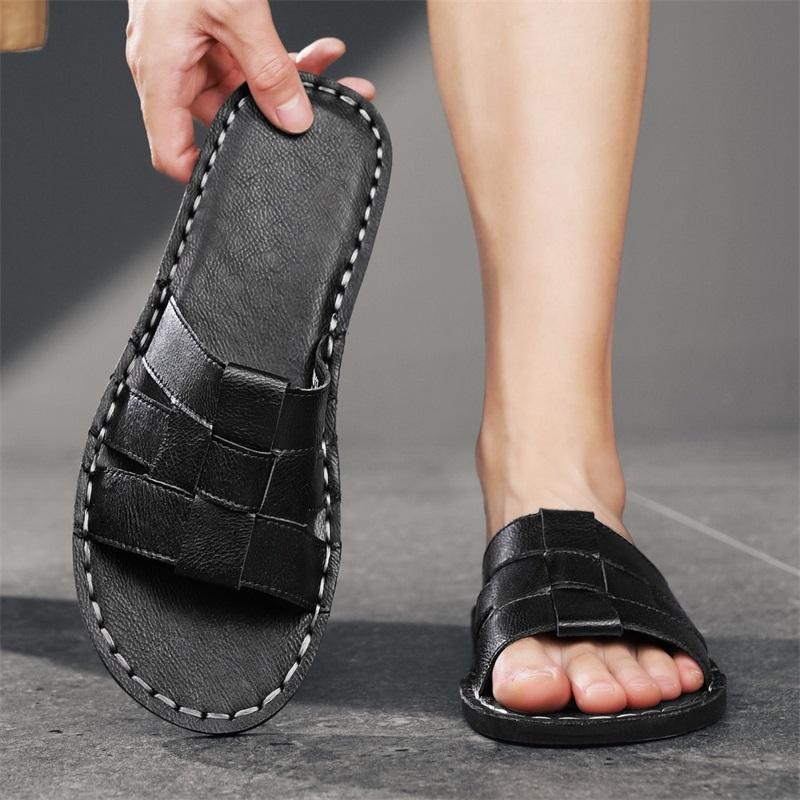 Men Slippers Handmade Simple Flats Brown Leather Sandals Black Summer Roman Sandals Open Toe Beach Shoes Plus Size