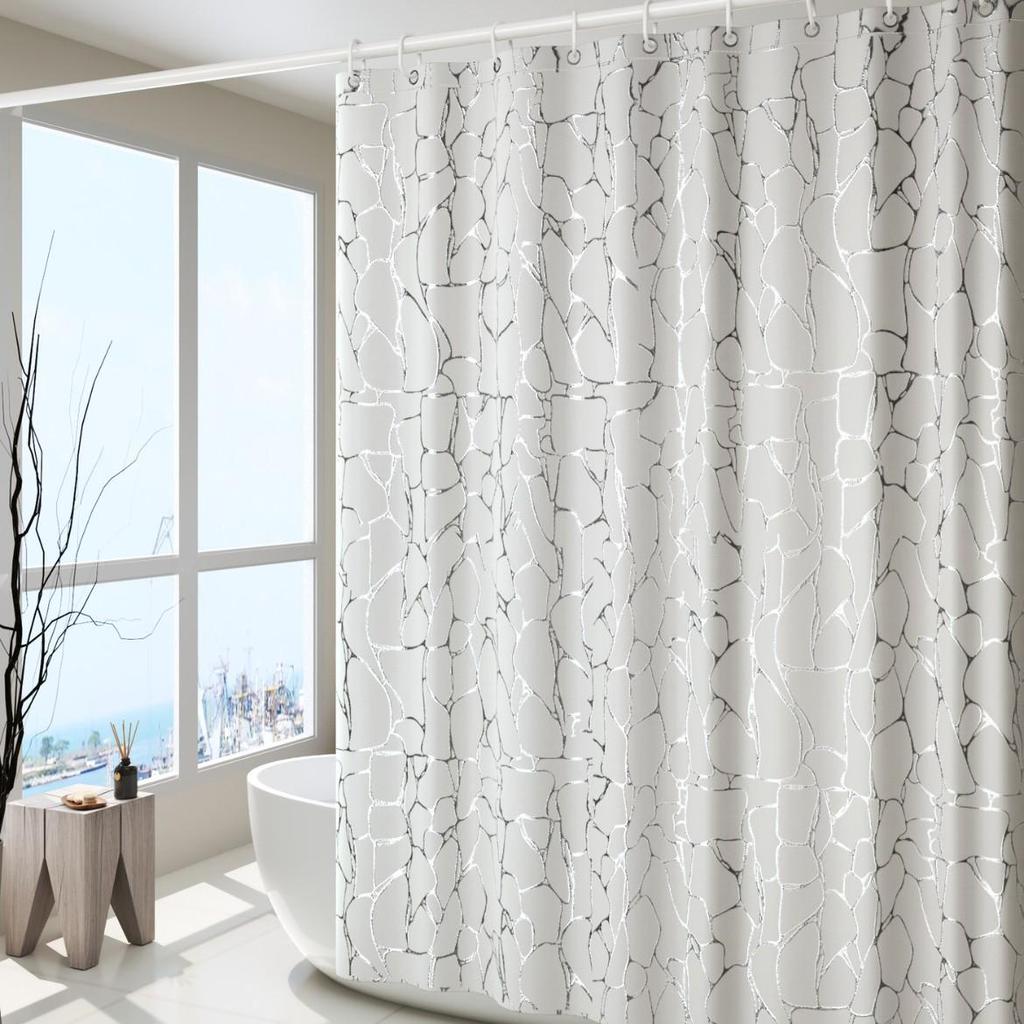 Elegante Tenda da Doccia in Marmo con Texture Irregolare, Stampata Argento e Oro - Divisorio Impermeabile per Bagno