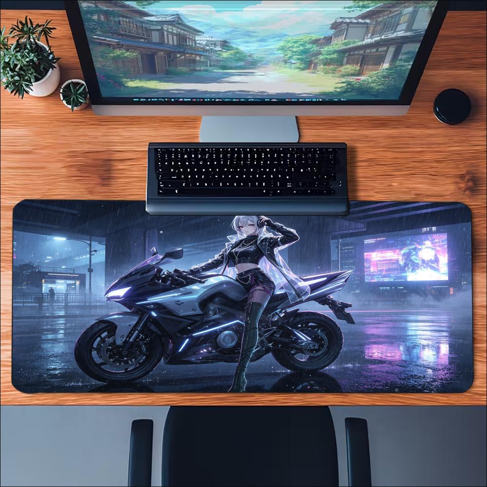 Cyberpunk Biker Anime Girl Large Extended Mouse Pad NonSlip Rubber Desk Mat With Stitched Edges For Gaming Laptop Desktop