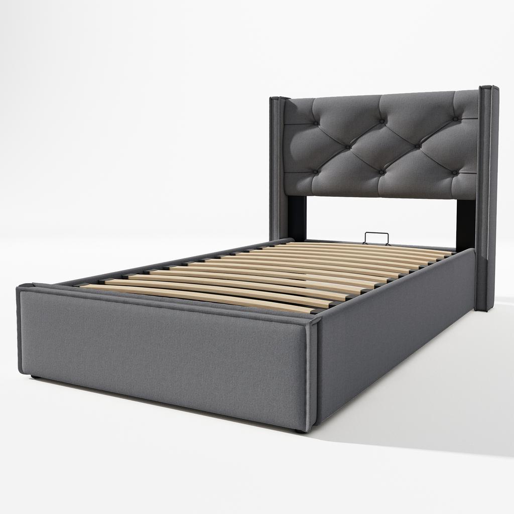 Hydraulic Single Bed, Upholstered, 90x200cm, Metal Slatted Frame, Modern, Storage Space, Cotton, Grey (With Mattress)