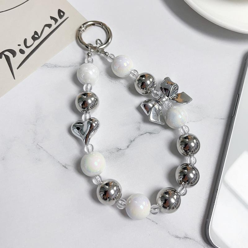Y2K Silver Bow Beaded Phone Case Lanyard Stylish Bead Phone Chain Wrist Band Anti Lost Phone Strap Earphone Pendant Keychain