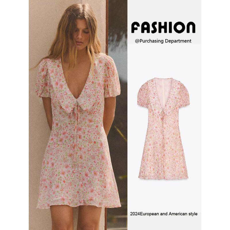 Za2025 Summer New Product Women's Clothes Elegant Short Sleeve Small round Lapel Print Short Dress 2785039 644