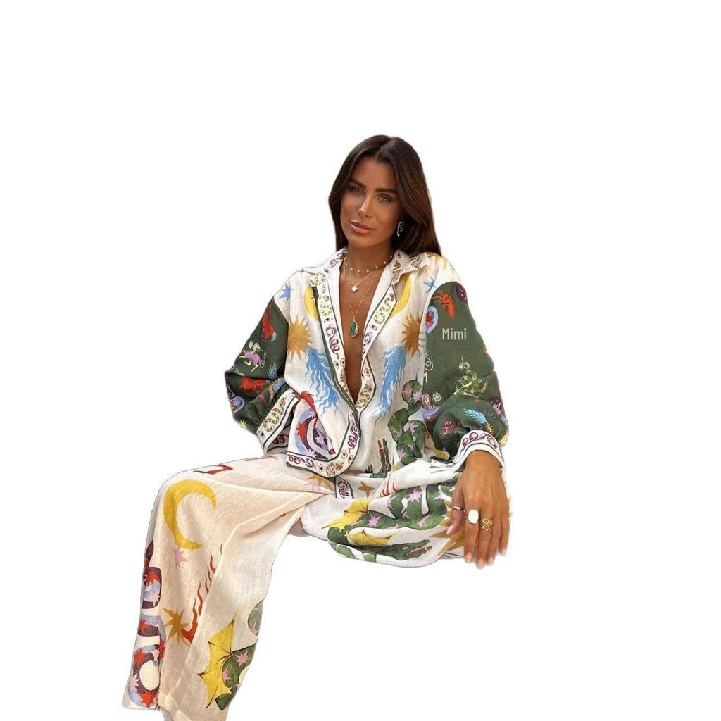 2025 Trendy Print Macaron Linen Long-Sleeved Shirt Set