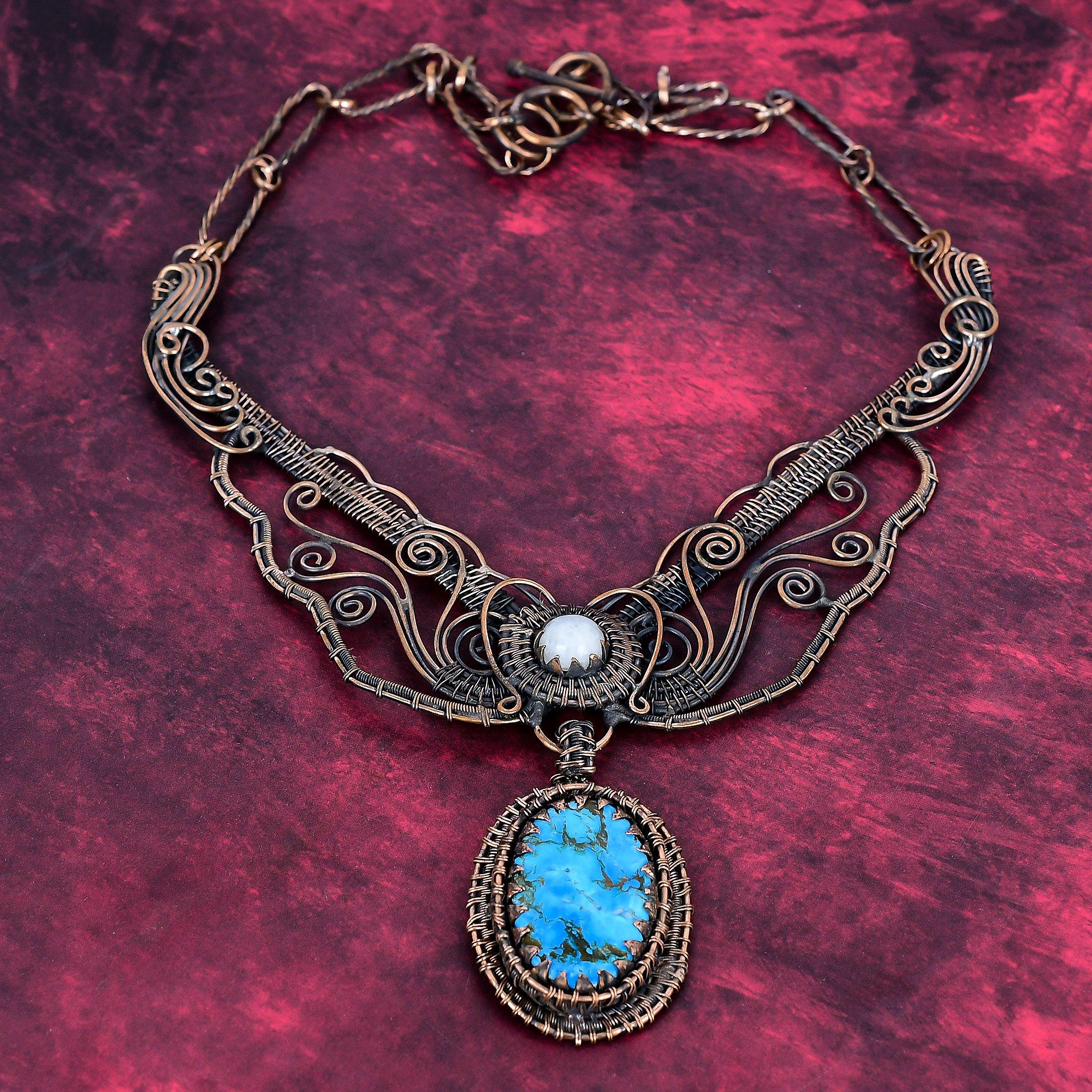 Tibetan Turquoise Gemstone Necklace Copper Wire Wrap Moonstone Jewelry Adjustable Necklace Adjustable