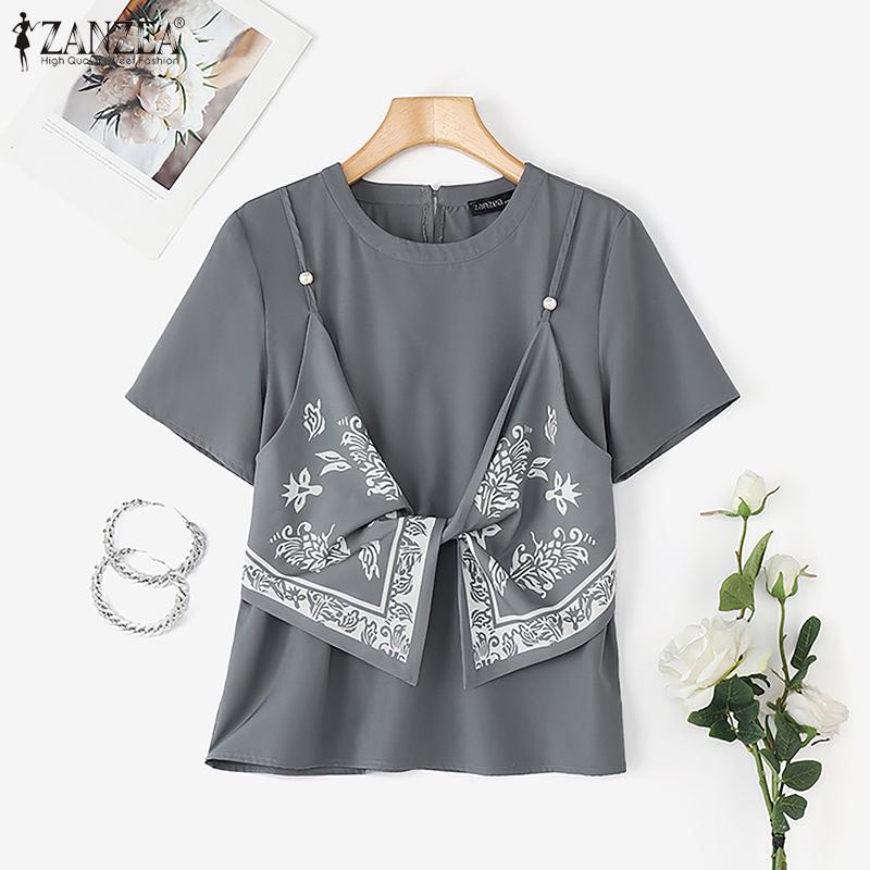 ZANZEA Women Summer Print Patchwork Casual Round Neck Short Sleeve T-Shirts