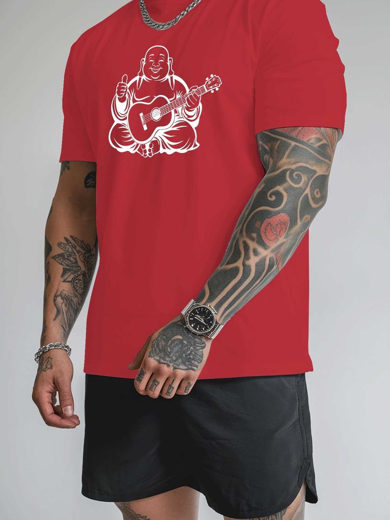 Mens Crew Neck T Shirt Laughing Buddha Playing Guitar Line Art Graphic Short Sleeve Casual Cotton Music Lover Streetwear Tees