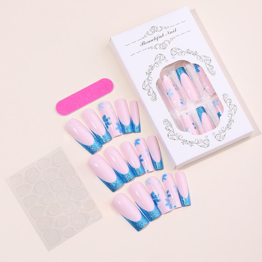 

Синий и белый цветочный набор накладных ногтей с блестками, съемный длинный дизайн стилет