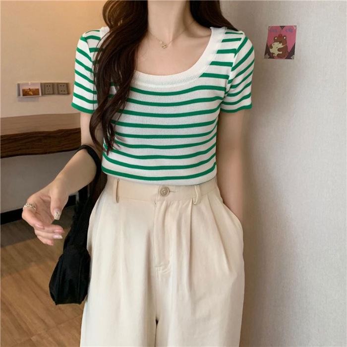French Style Black & White Striped U-Neck Short-Sleeve Women's Summer T-Shirt