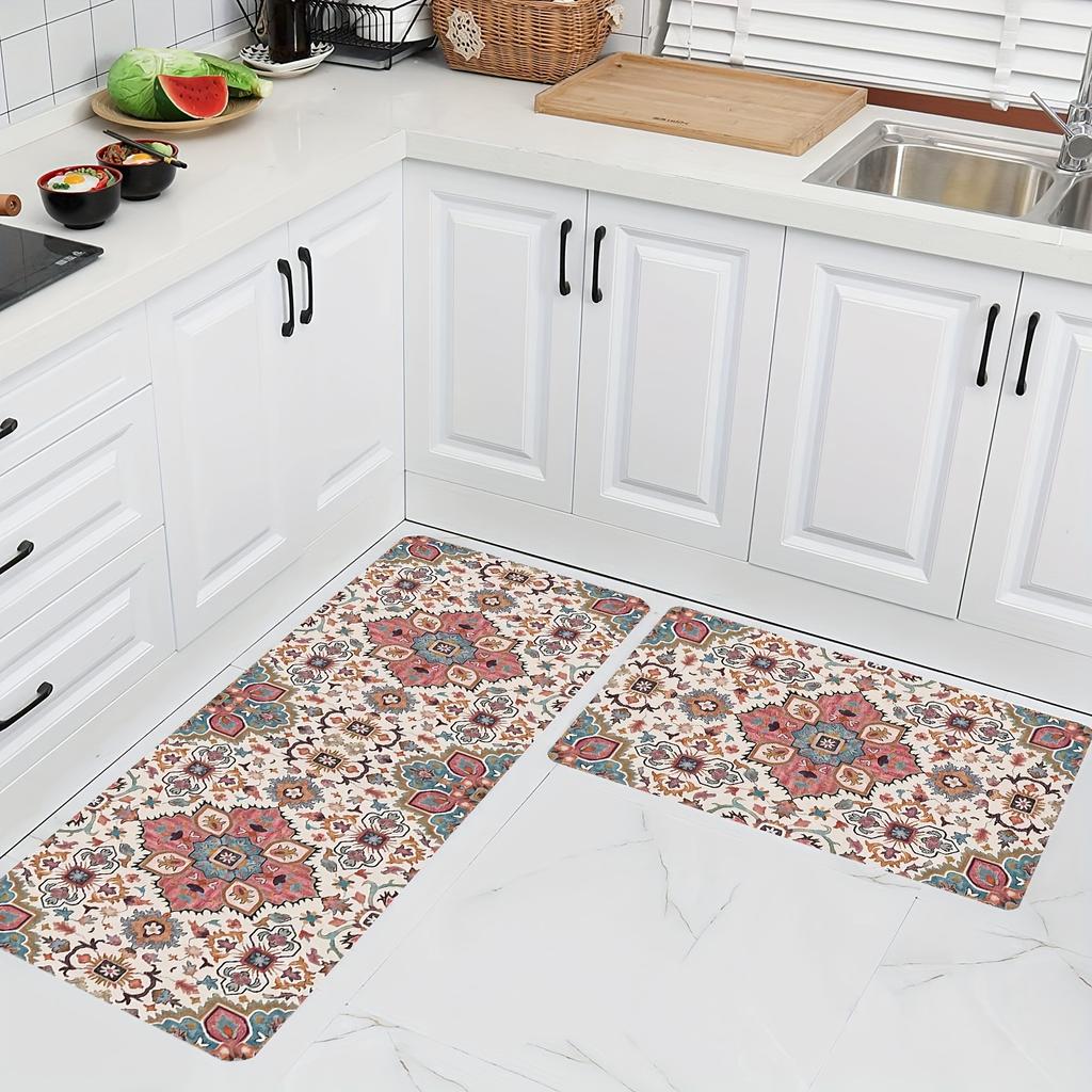 1 Τεμάχιο Ροζ Μποέμ Μοτίβο Πατάκι Δαπέδου Μοντέρνο Κουζίνας Πολυεστερικό Χαλί Αντιολισθητικό Πολύχρωμο Εσωτερικό Χαλί, Για Διακόσμηση Σπιτιού Μπάνιου Υπνοδωματίου Σαλονιού