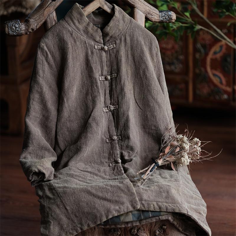 

Johnature Жіночі вінтажні бавовняні лляні парки з довгим рукавом і ґудзиками для зимового пальто плюс бавовняні жіночі парки в китайському стилі One Size сірий