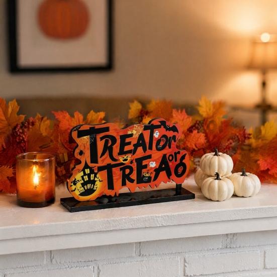 Stable Base Halloween Decor Wooden Tabletop Ornaments, Freestanding Solid Wood Letter Signs, Decorative Table Centerpiece Word Signs with Pumpkin And