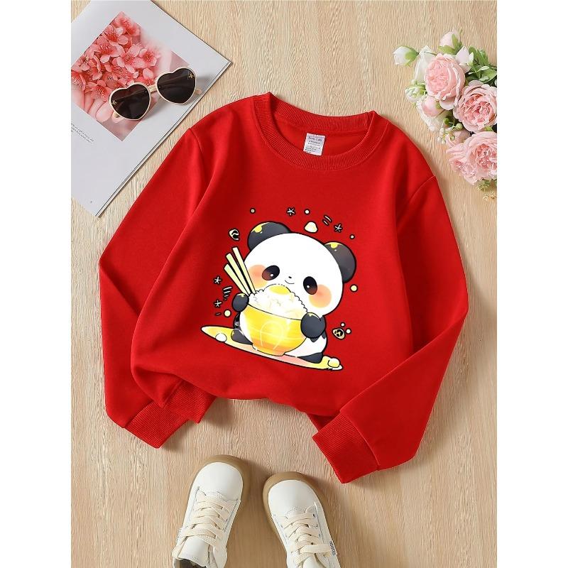 European Sizes Kids' Crewneck Sweatshirt - Cute Panda Eating Rice Bowl , Sportswear And Casual Wear, Soft And Comfortable