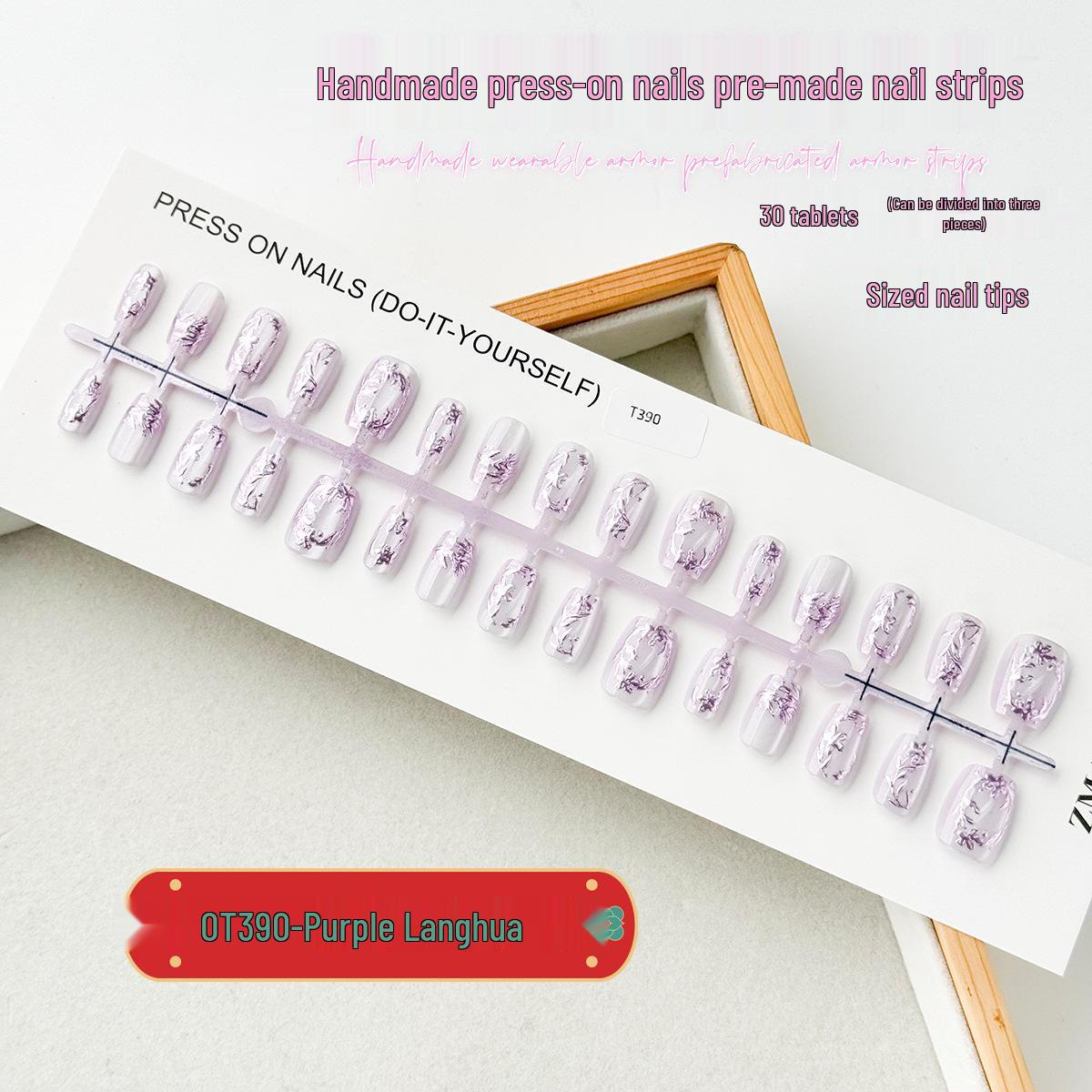 

T390 Purple Enamel Flower Cat Eye Manicure Nail Tips Set - 30 Handmade Wearable Pieces