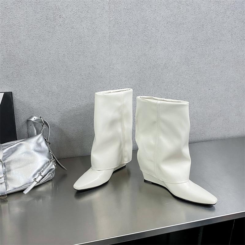 Flax cotton pleated niche design square head personalized short boots new canvas medium tube slope heel Martin boots temperament