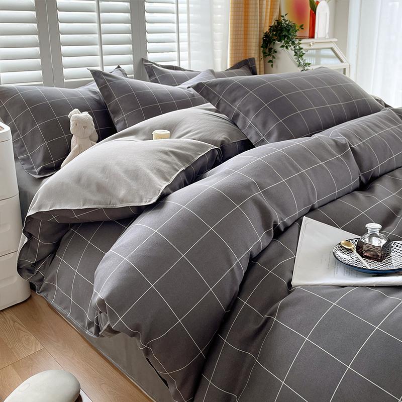 Soft Color Block Checkered Bedding Set Comfy 100% Washed Cotton Blue Plaid Duvet Cover Set King Queen Size Comforter Cover Sheet