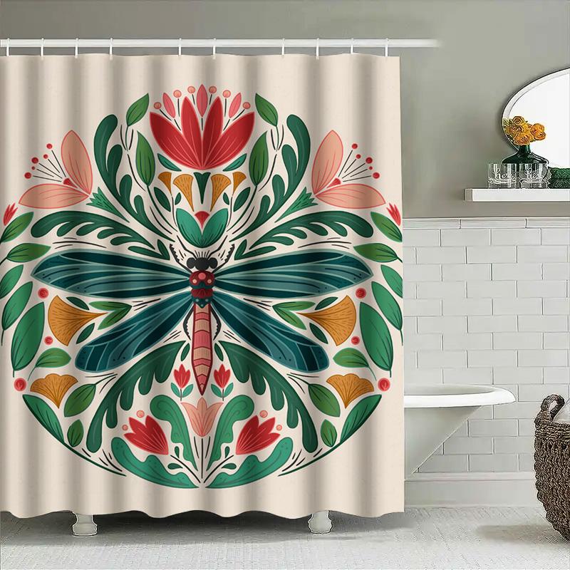 Vintage Botanischer Duschvorhang Grün Libelle Blumenmuster Badezimmerdeko, Rosa Rot Weiß Bunter Druck Wasserdichter Stoff,