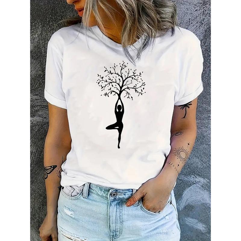 Women's Yoga-Inspired Geometric Tree Branch Print T-Shirt , Round Neck Casual Tee for Summer Machine Washable,    Nontransparent Material