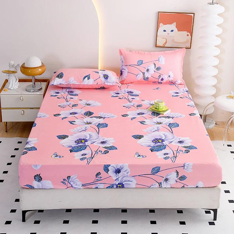Red Flower Printed Bed Sheet Sets Queen/King Size Matrimonial Reactive Printed Fitted Bedsheets for Double Bed