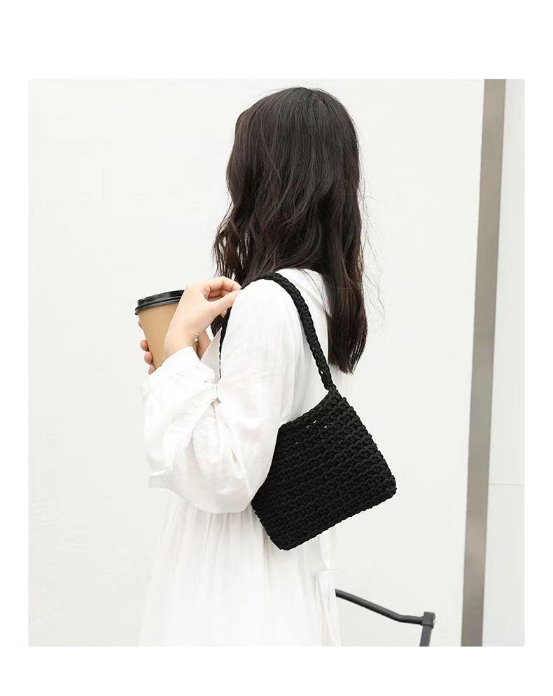 

Handmade Knitted Square Shoulder Bag - Straw Woven Solid Color Handbag