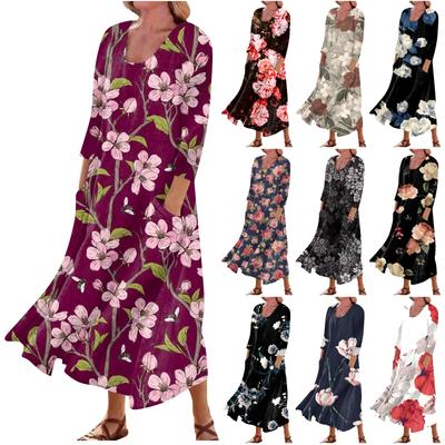 Women's Casual Comfortable Floral Print Three Quarter Sleeves Cotton Pocket Dress