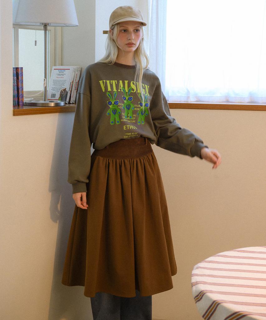 Baitalssain [Line] Corduroy Brushed Waist Full Skirt (3C)