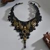 Gothic Lace Choker, Antique Bronze Gear Skull Pendant Dark Style Neck Collar
