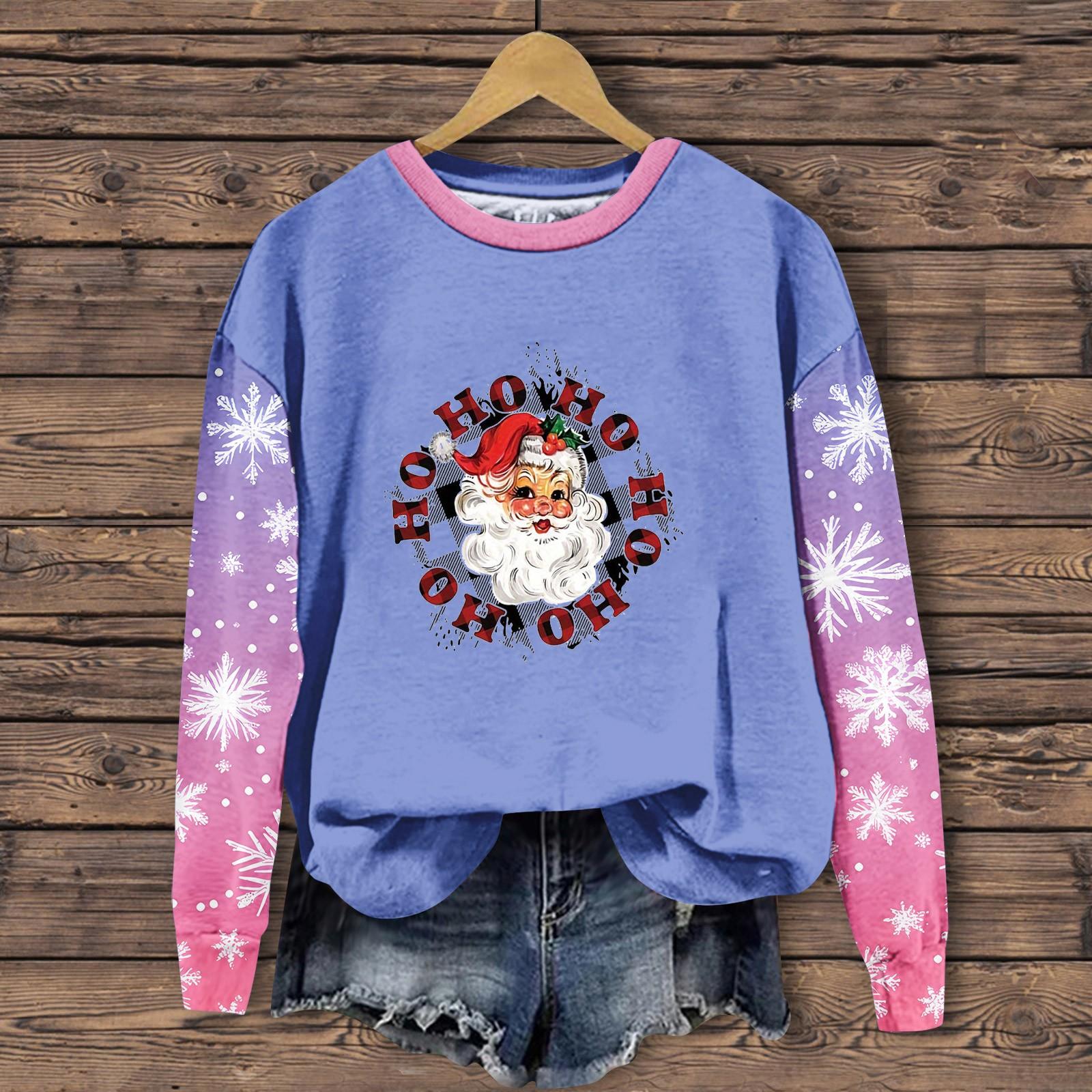 

Женская мода повседневная толстовка с длинным рукавом и принтом Санта-Клауса с круглым вырезом S чёрный