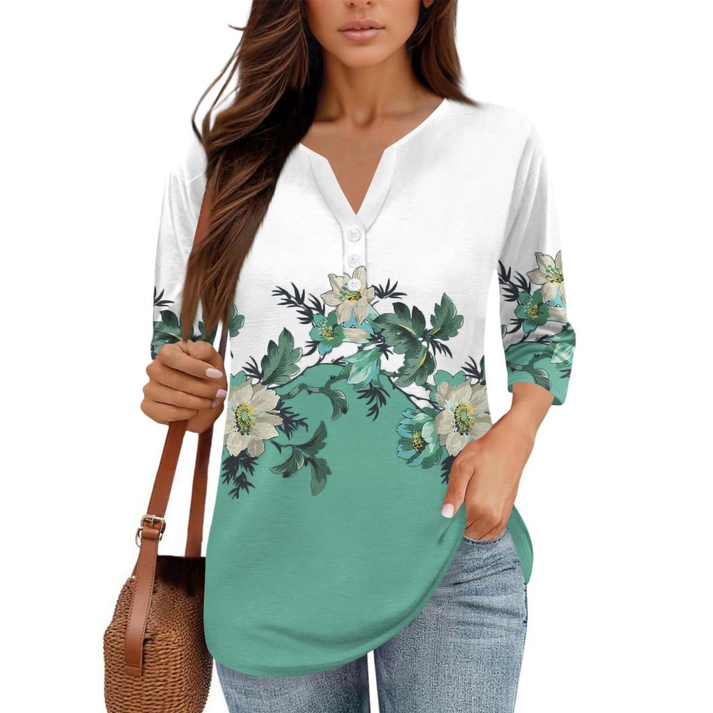 Women's Floral Print V,Neck Casual Three,Quarter Sleeve Button,Detail Top