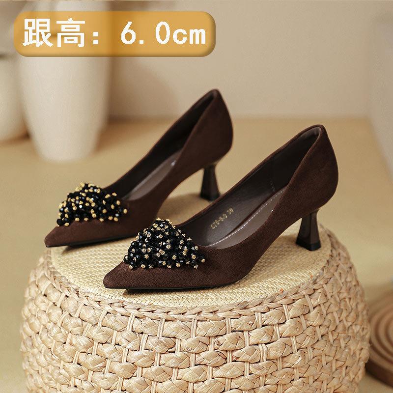 

Pointed temperament high heels women s thin heels 2025 autumn new Huizhou women s shoes black suede medium heel light mouth single shoes 40