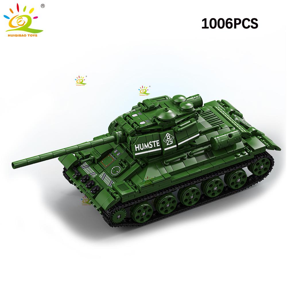 HUIQIBAO WW2 Wojskowy Czołg T-34 Zestaw Klocków Budowlanych dla Dzieci Broń Armii Samochód Ciężarówka Klocki Zabawka Miasto Klocki Budowlane Prezent