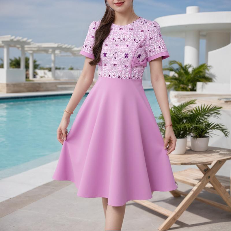 

ZANZEA Women Print Patchwork Casual Round Neck Short Sleeve Dress S рожевий